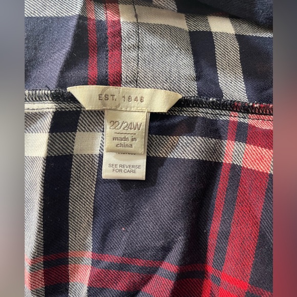 Cato’s Red & Blue Plaid Roll Tab Sleeves Asymmetrical Open front Cardigan shirt - Picture 6 of 8